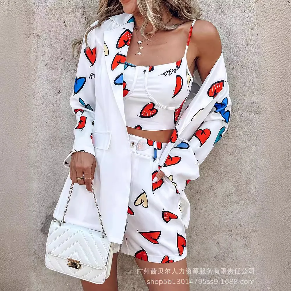 

Heart Letter Print Cami Top & Shorts Set with Blazer Coat Women Y2k Elegant White Matching Sets Summer 3 Piece Two Piece Sets