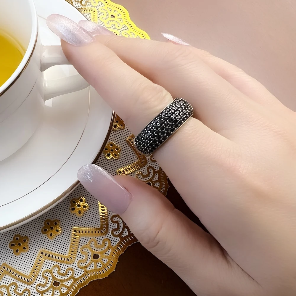 Anillo de banda de pavé negro, joyería fina clásica de estilo europeo para hombres y mujeres, regalo en plata de ley 925