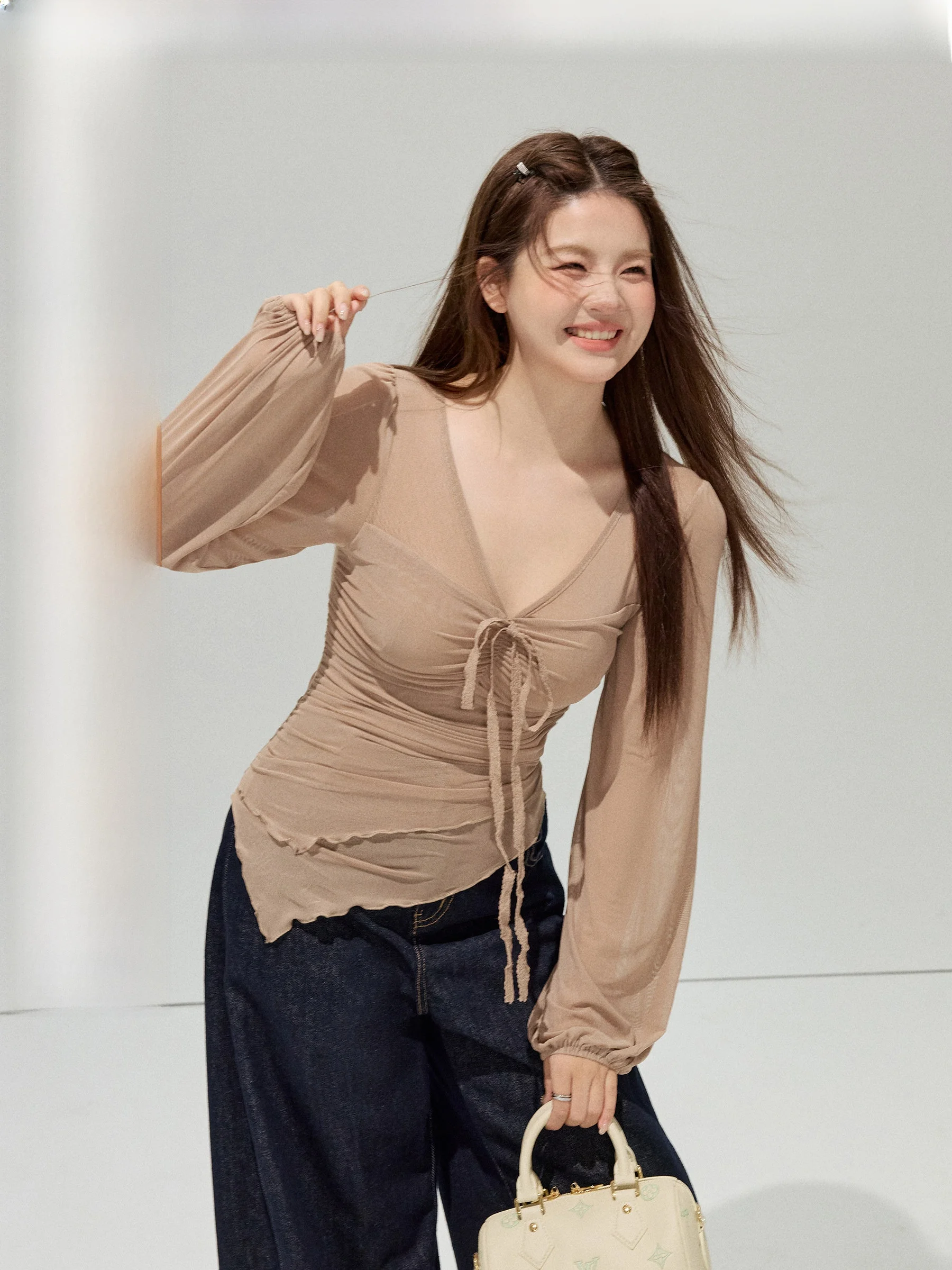 

Slim Fit V-Neck Uneven Hem Top And Jeans plus Size Set for Plump Women Commute Style Fashion Spring Polyester Nylon Blend