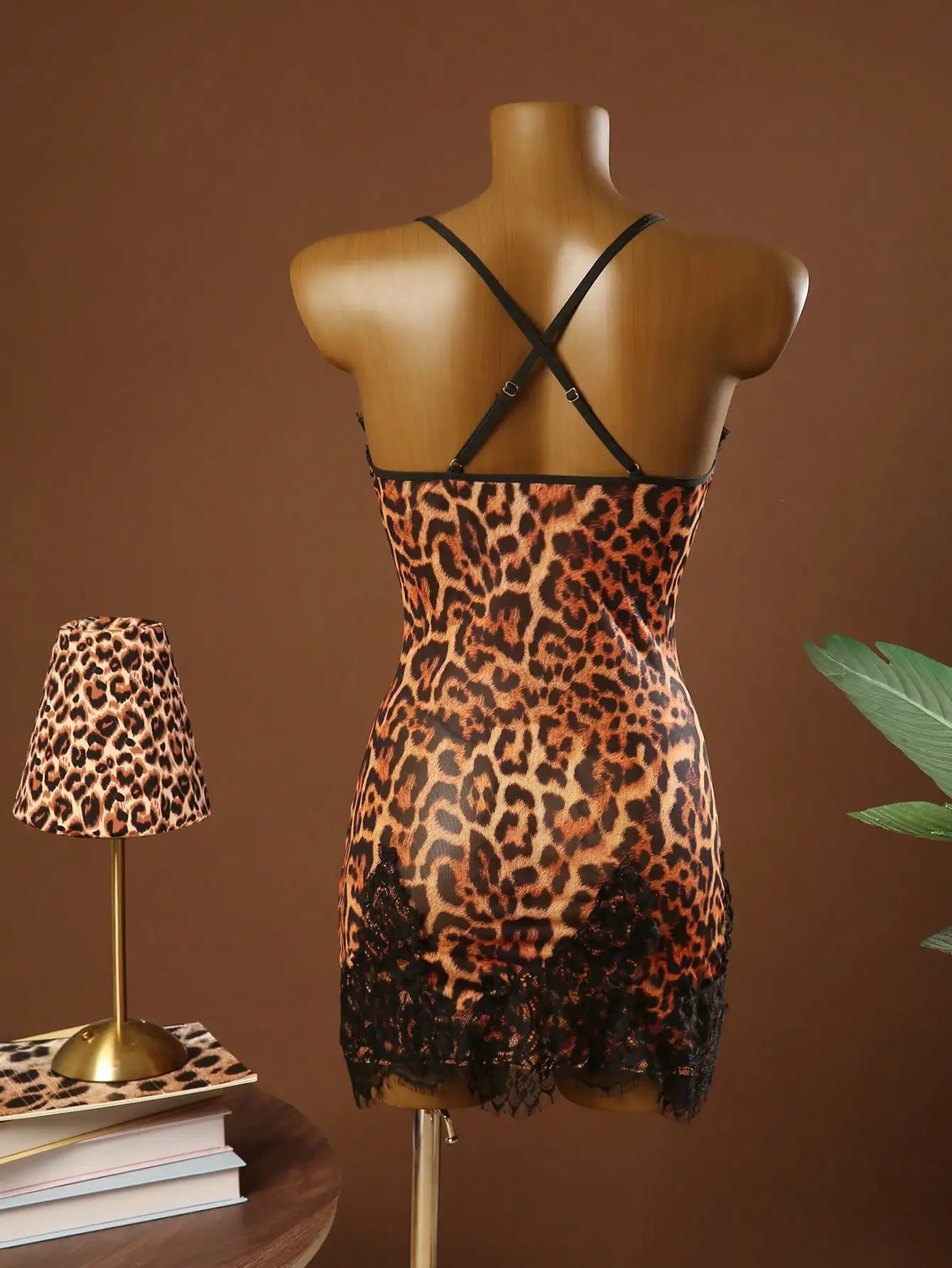 Leopard Print Lace Trim Camisole Nightgown Set for Women