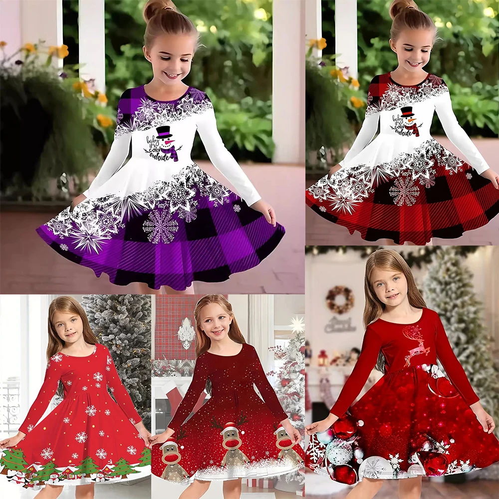 Girl Christmas Dress Casual Group Long Sleeve Elk Print Santa Claus Print Home Fashion Christmas Party 2-12 years 2025 New Years