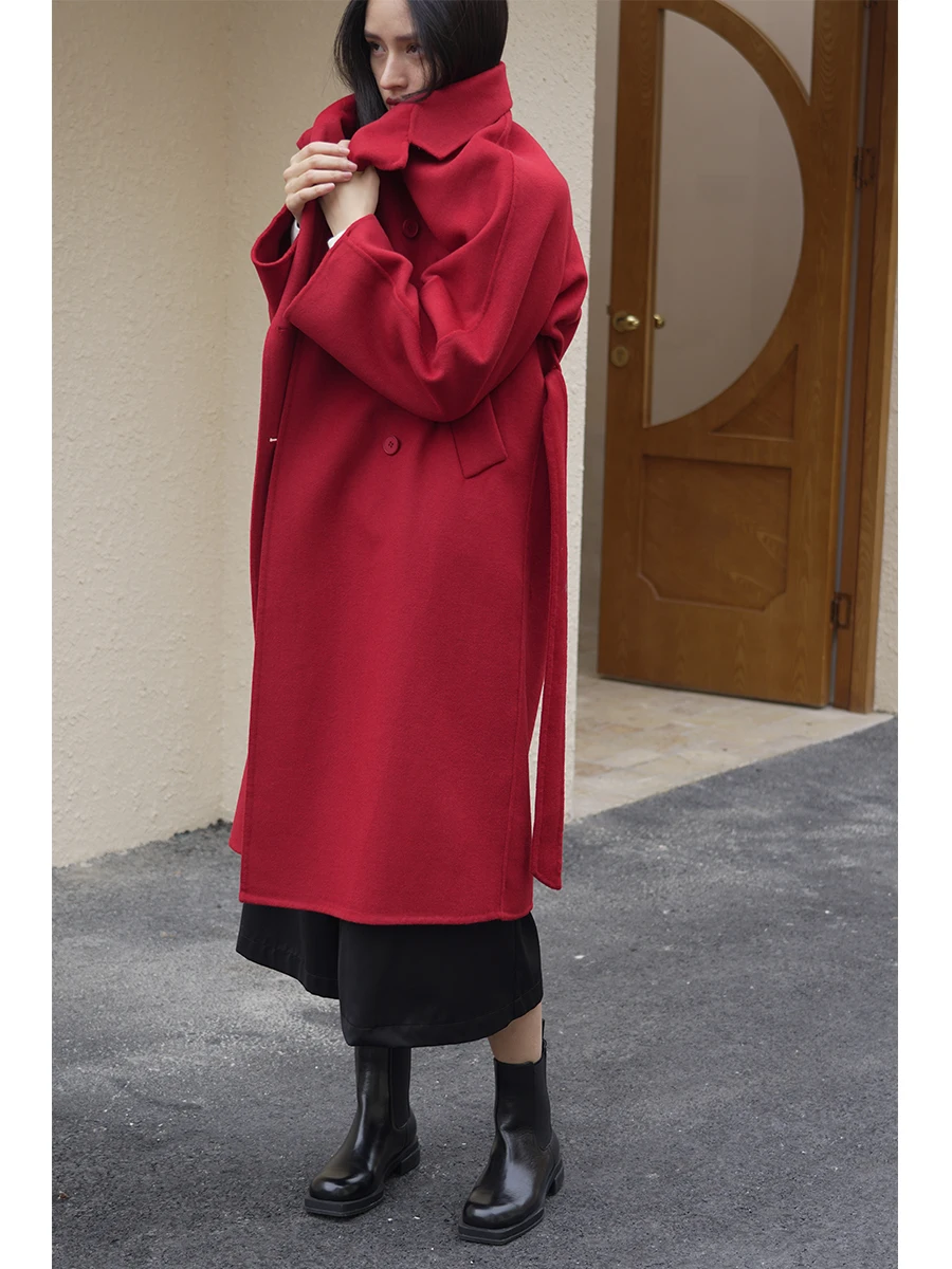 

Классическое двустороннее пальто Camere красного цвета для женщин, средней длины, для повседневной носки, элегантное зимнее верхнее пальто из полиэфирного волокна с длинными рукавами