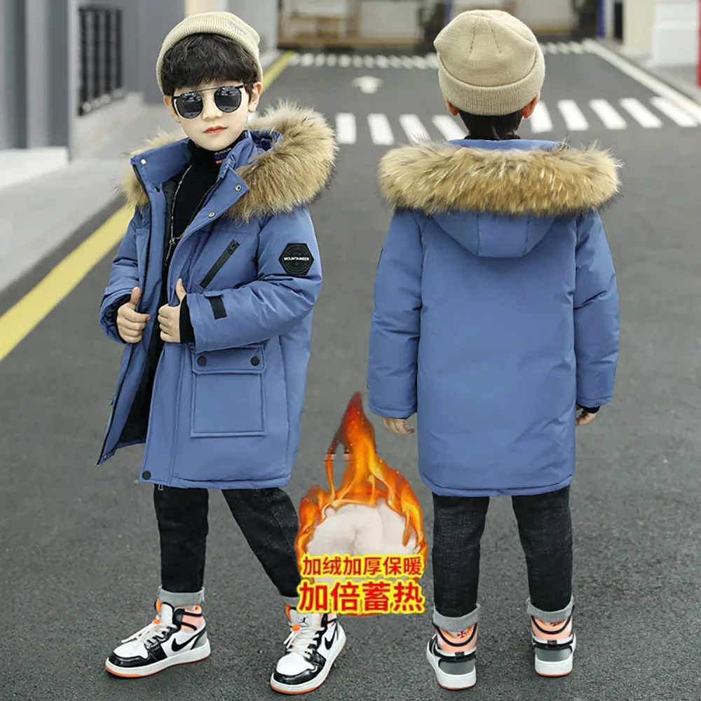 Winter Down Jacket For Children Thick Warm Faux Fur Hooded Coat Lengthen Windproof Winter Cotton Clothes Kid\'s Padded Jacket