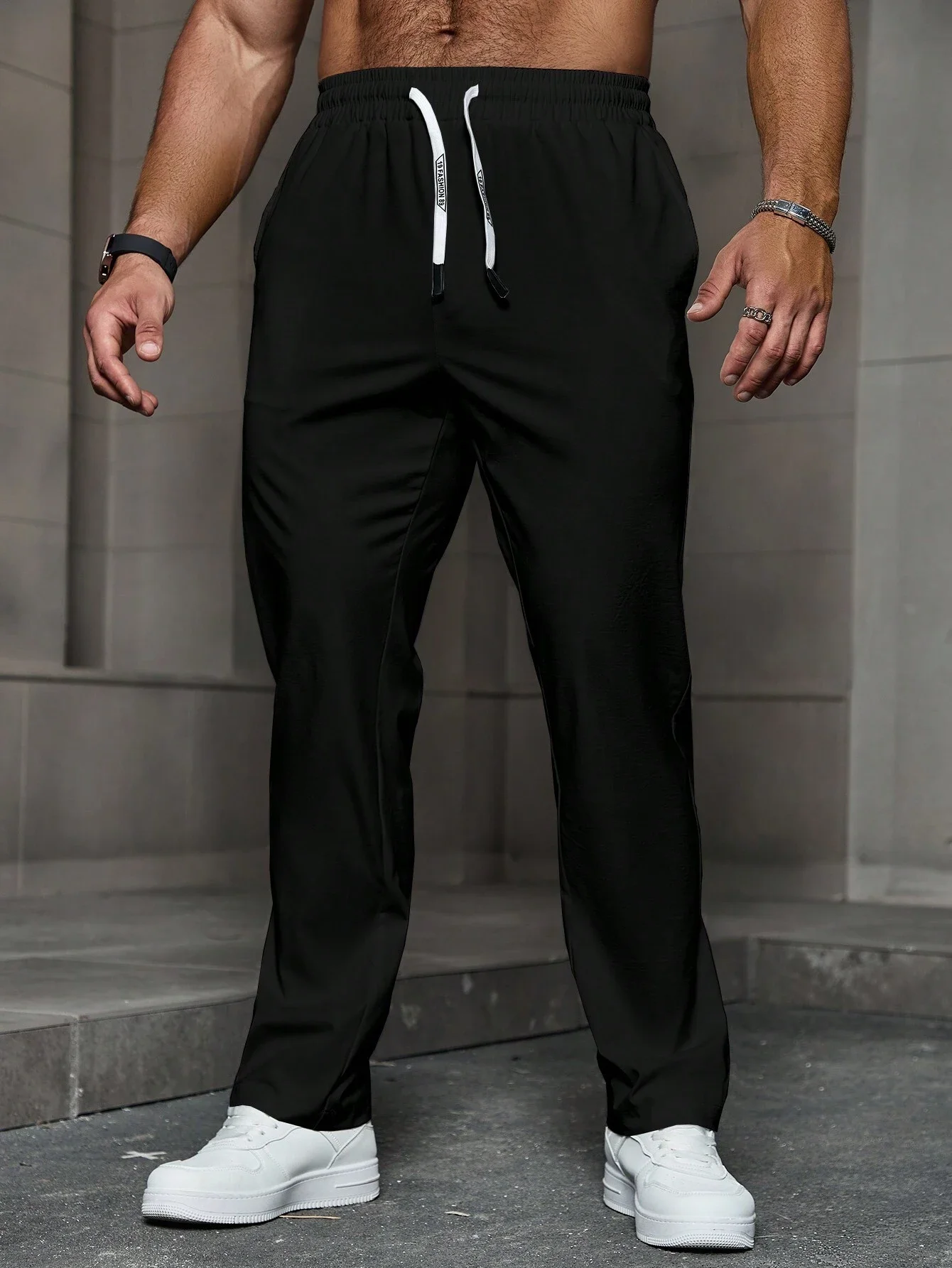 

Mens Solid Color Drawstring Waist Pocketed Casual Straight Leg Pants