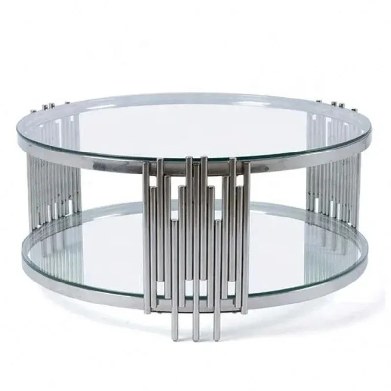 Modern Times Glass Stainless Steel Living Room Furniture Gold or Silver Round Coffee Table
