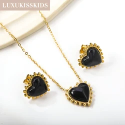 LUXUKISSKIDS Korean Large Heart Jewelry Set Opal Red/Black Stone Love Pendant Necklace Earrings Steel Jewellery Valentine Gifts