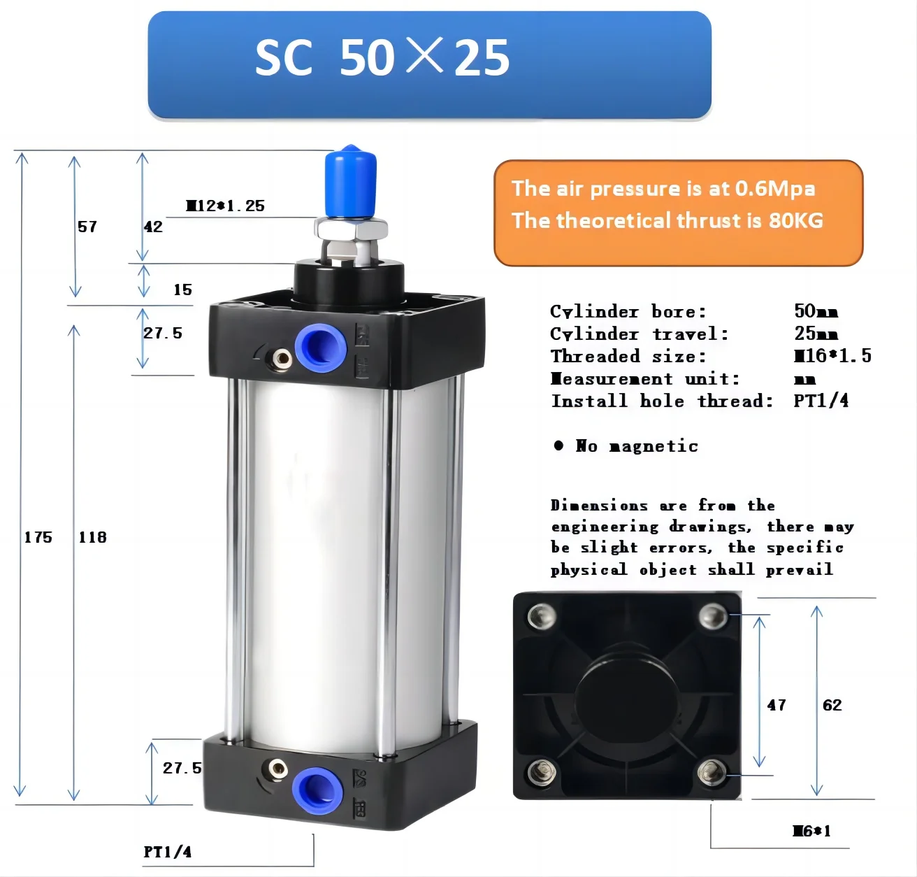 SC Series of Pneumatic Standard Cylinder Bore 32mm, Stroke 25~900mm