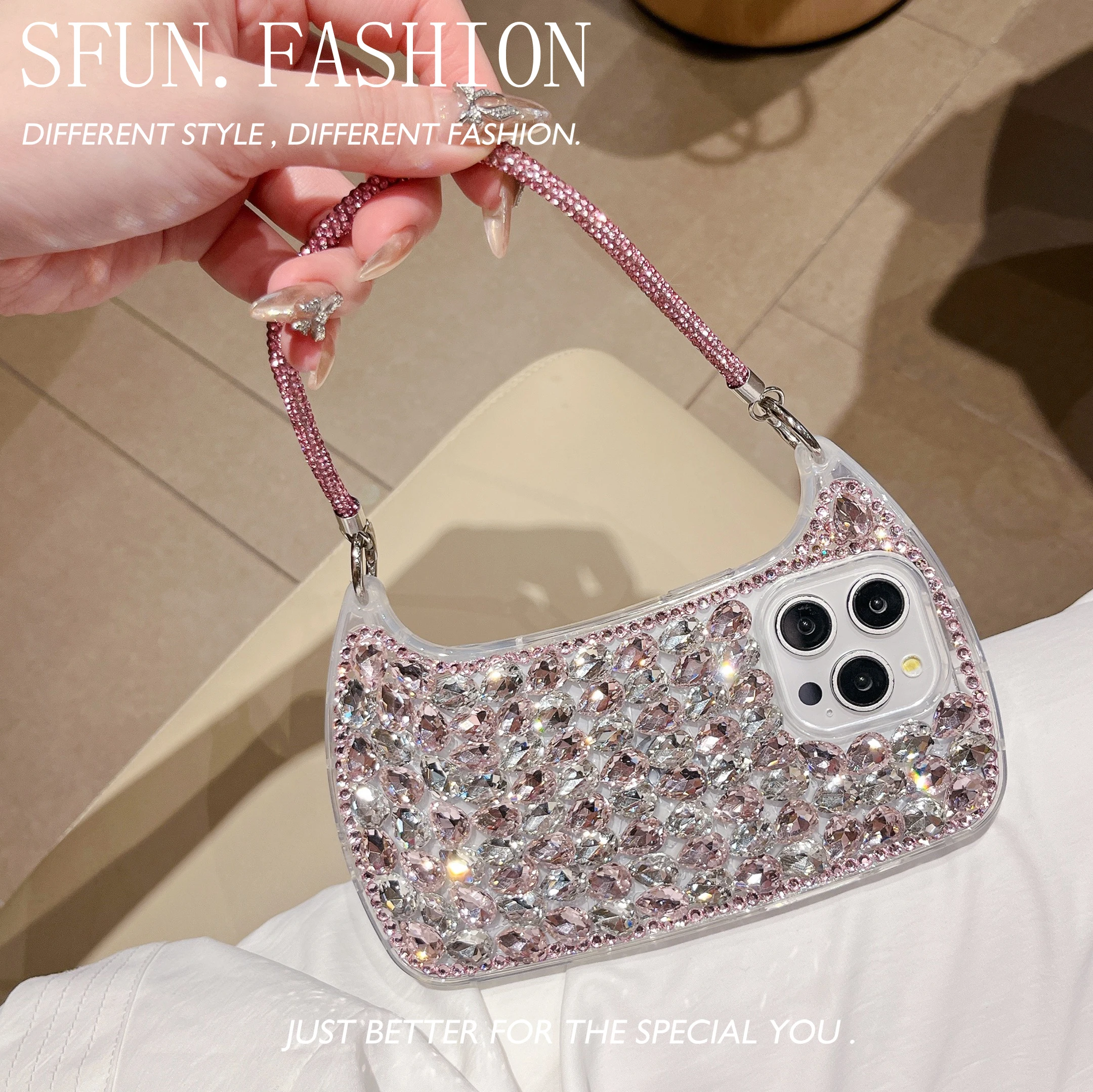 

Crystal Gemstone Diamond Bag Phone Case 16 Pro Max For iPhone15 14 13 11 12 Pro Max Anti Drop Laser Cover With Wrist strap