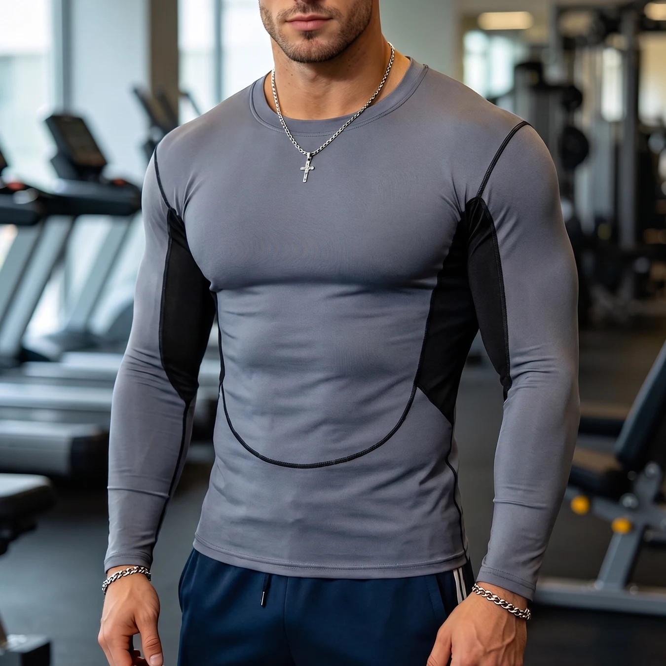 Quick Dry Mesh Side Panel Men Compression Long Sleeve Tee Crew Neck Breathable Athletic Base Layer For Weight Training Outdoor