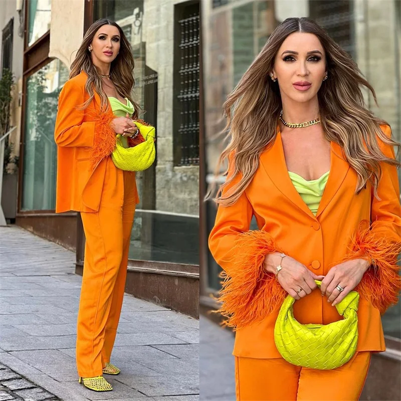 

Ostrich Feather Women Suits Set Fashion Bright Orange 2 Pcs Blazer+Pants Custom Made Designer Formal Party Prom Dresses