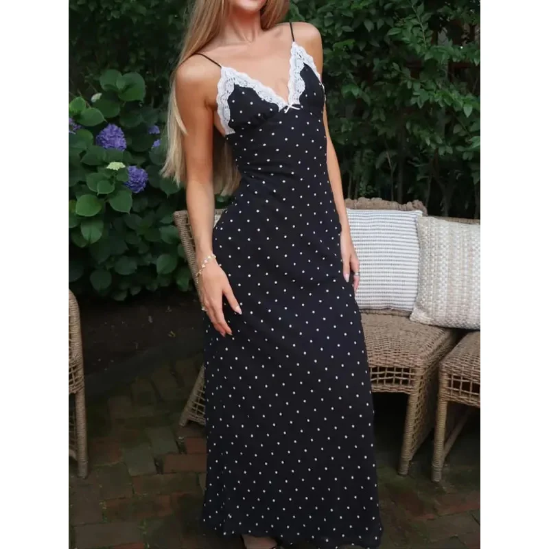 JINIA 레이스 v 넥 패치 워크 맥시 드레스 여성 백리스 하이 웨이스트 슬림 스파게티 대비 파티 드레스 여성 봄 롱 드레스