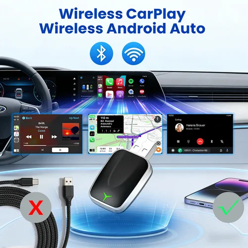 Imagen 2 del producto Adaptador USB Inalámbrico Compacto para CarPlay y Android Auto, Actualización de Cableado a Inalámbrico, Fácil Instalación, Conexión Automática, Compatible con el 98% de los Modelos