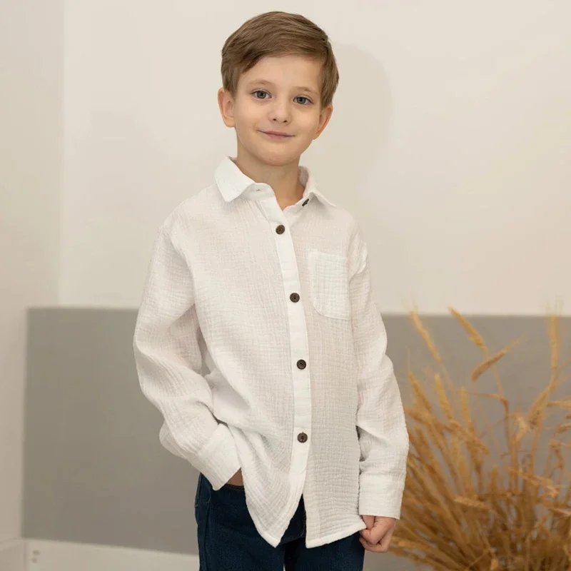 Camisetas blancas de lino y algodón para niños y niñas, Tops cómodos para niños pequeños, ropa para niños, blusa con botones, 2024