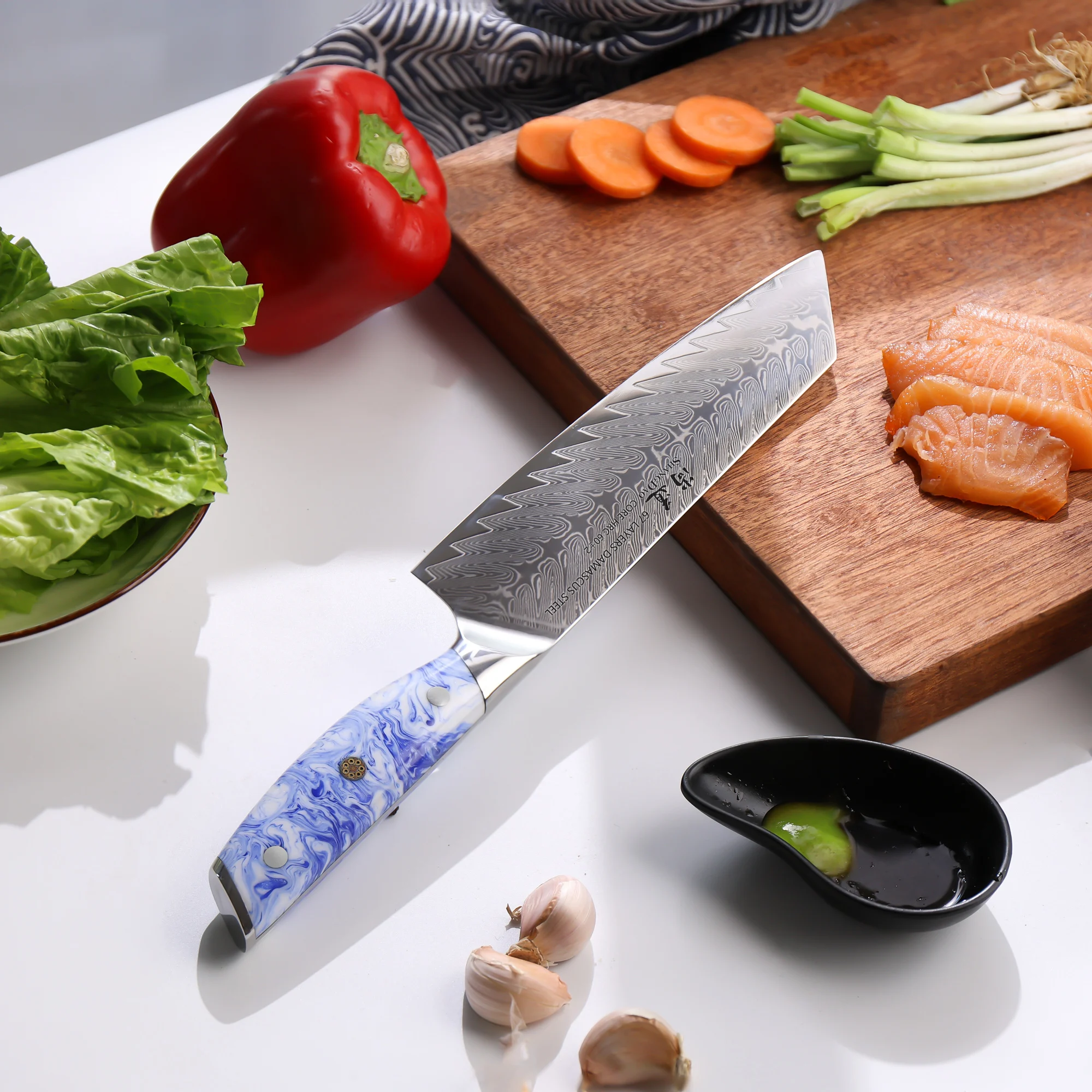 SHANGDAO Full Tang 8 Inch Kiritsuke Chef Knife, 67 Layers Damascus Steel Blade, Blue White Resin Handle for Kitchen Use