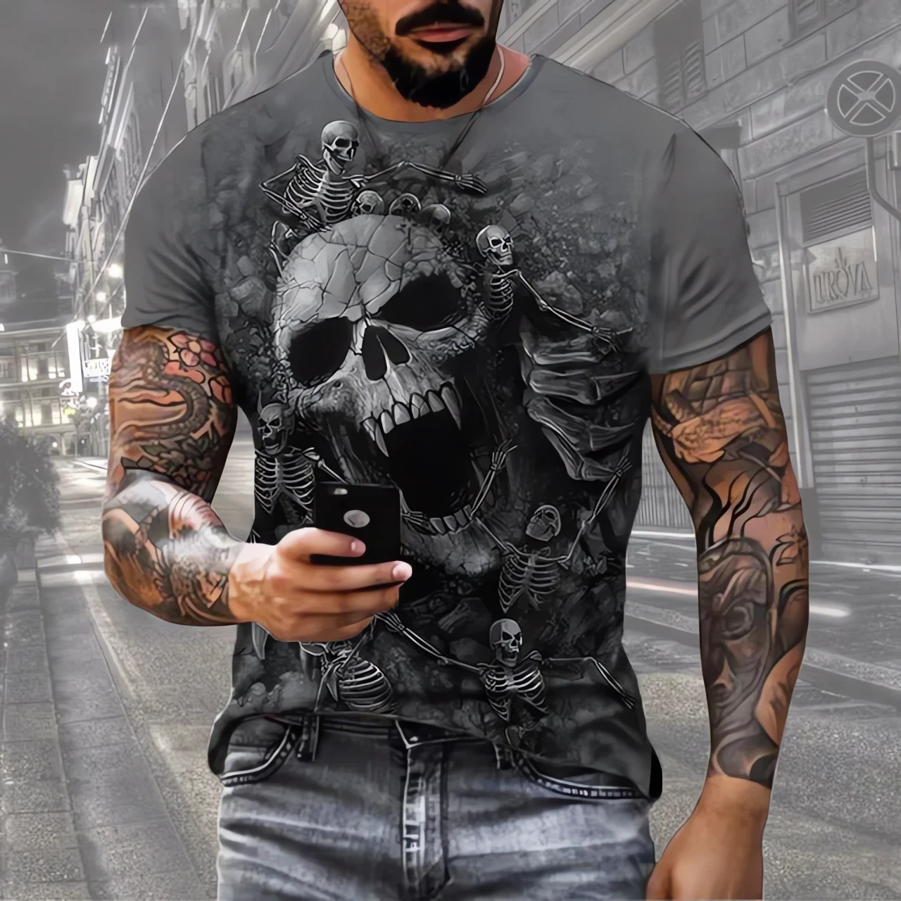 Fashionable hot selling men\'s skeleton T-shirt 3D printed horror street hip-hop T-shirt round neck loose casual summer top