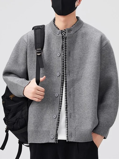 

Мужской вязаный кардиган-свитер, повседневный, длинный рукав, круглый вырез, весна-осень 2025, новая модель, имитация двухслойного, удобная верхняя одежда