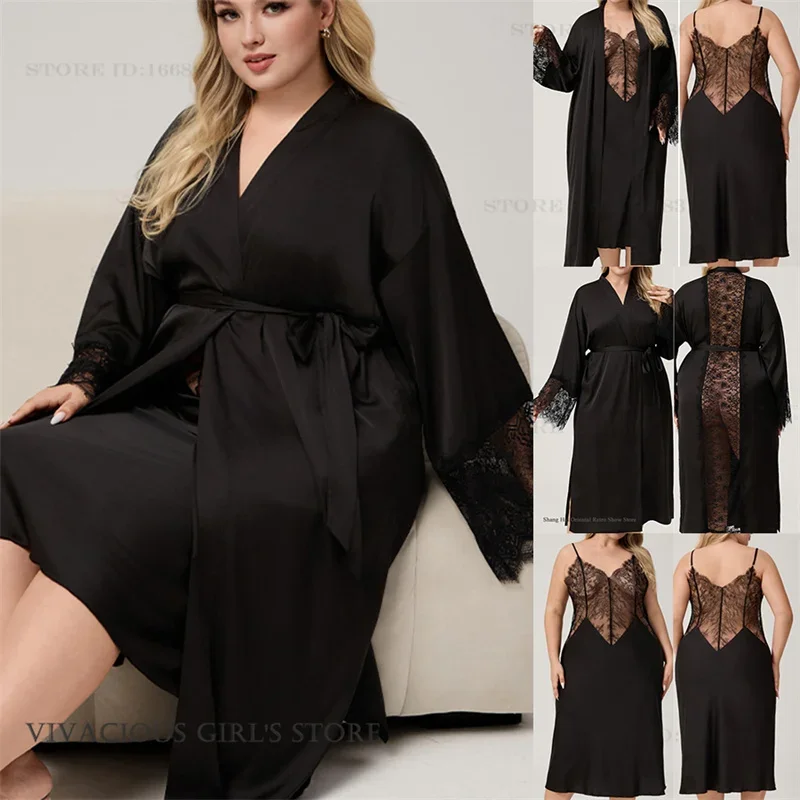 Nuevo conjunto de camisón y bata para mujer, ropa de dormir de seda helada de talla grande, ropa de dormir Sexy, lencería calada, camisón, ropa de dormir holgada para el hogar
