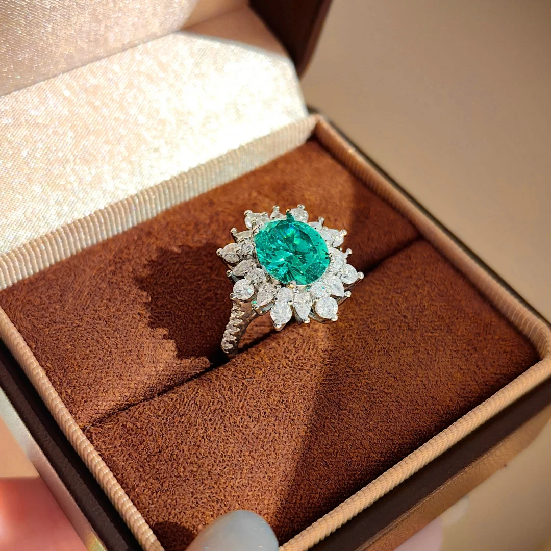 925 Sterling Silver Light Luxury Fashion Ring with Oval Paraiba Stone, Retro Premium Pigeon Egg Cubic Zirconia Women's Ring