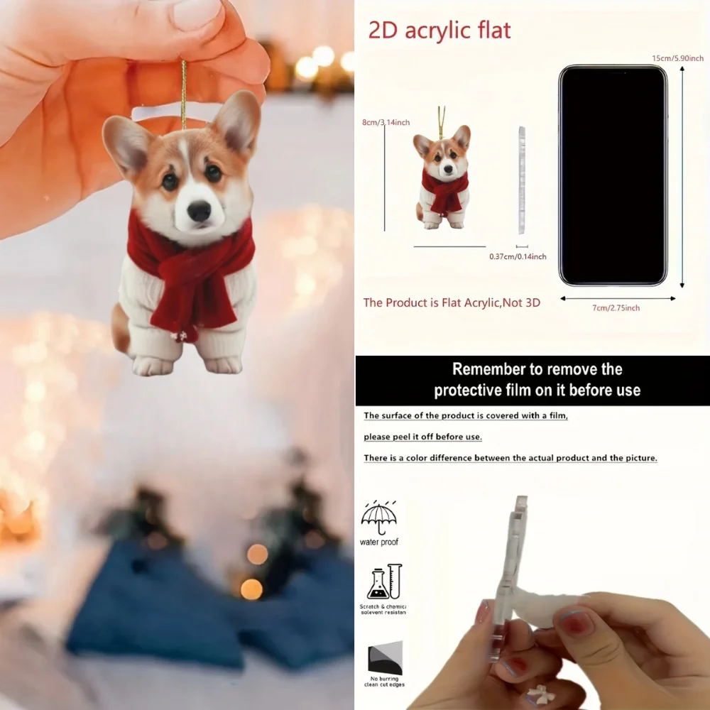 Cute Corgi with red scarf 2D Acrylic Pendant Christmas Puppy Keychain Versatile Charm,Decor for Car,Backpack,Home,Festive,Gift