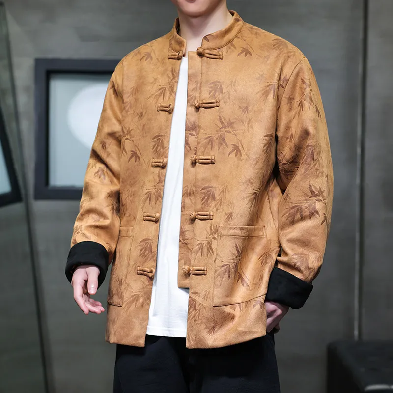 

Retro Artistic Large Size Jaet Thiened Suede Bamboo Le Gold Stam Men's New Chinese Sle Autumn Season Long Sve