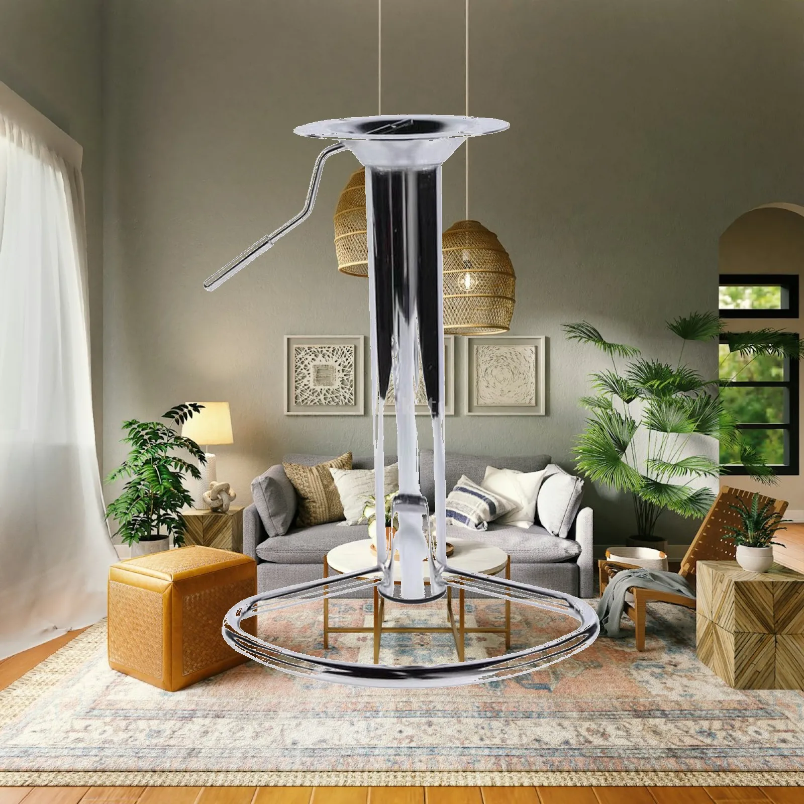 Adjustable Chrome Stool Base with Foot Rest Loop for DIY Bar Seating and Replacement Parts