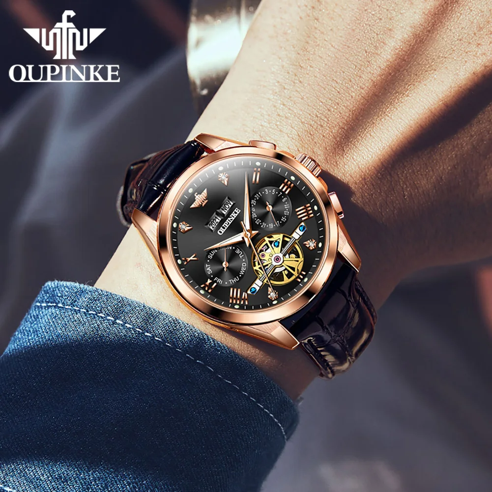 OUPINKE 3186 Men Watch High Quality Tourbillon Waterproof Fully Automatic Mechanical Watch Luxury Dual Calendar Brand Men Watch