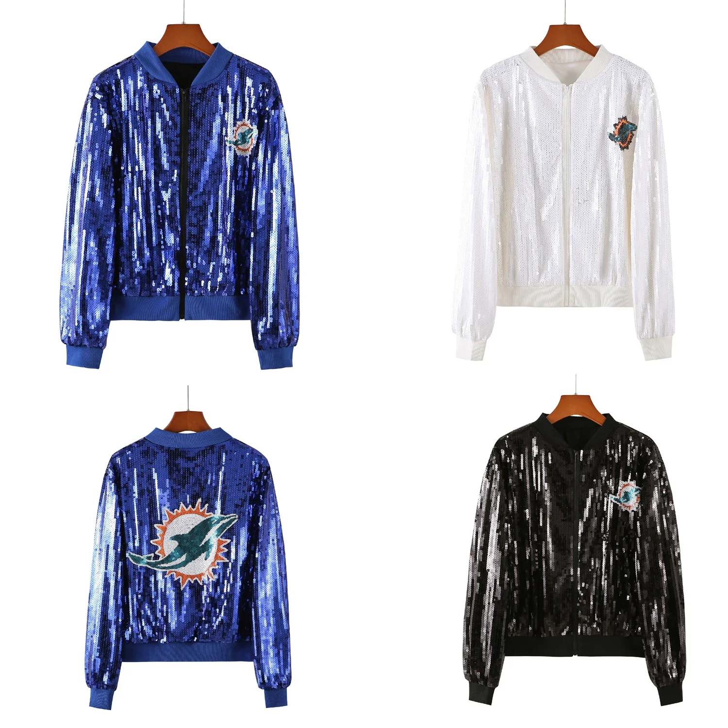 2023 Spring Autumn New Women Blue White Black Cute Dolphins Coat Female Sequin Jacket