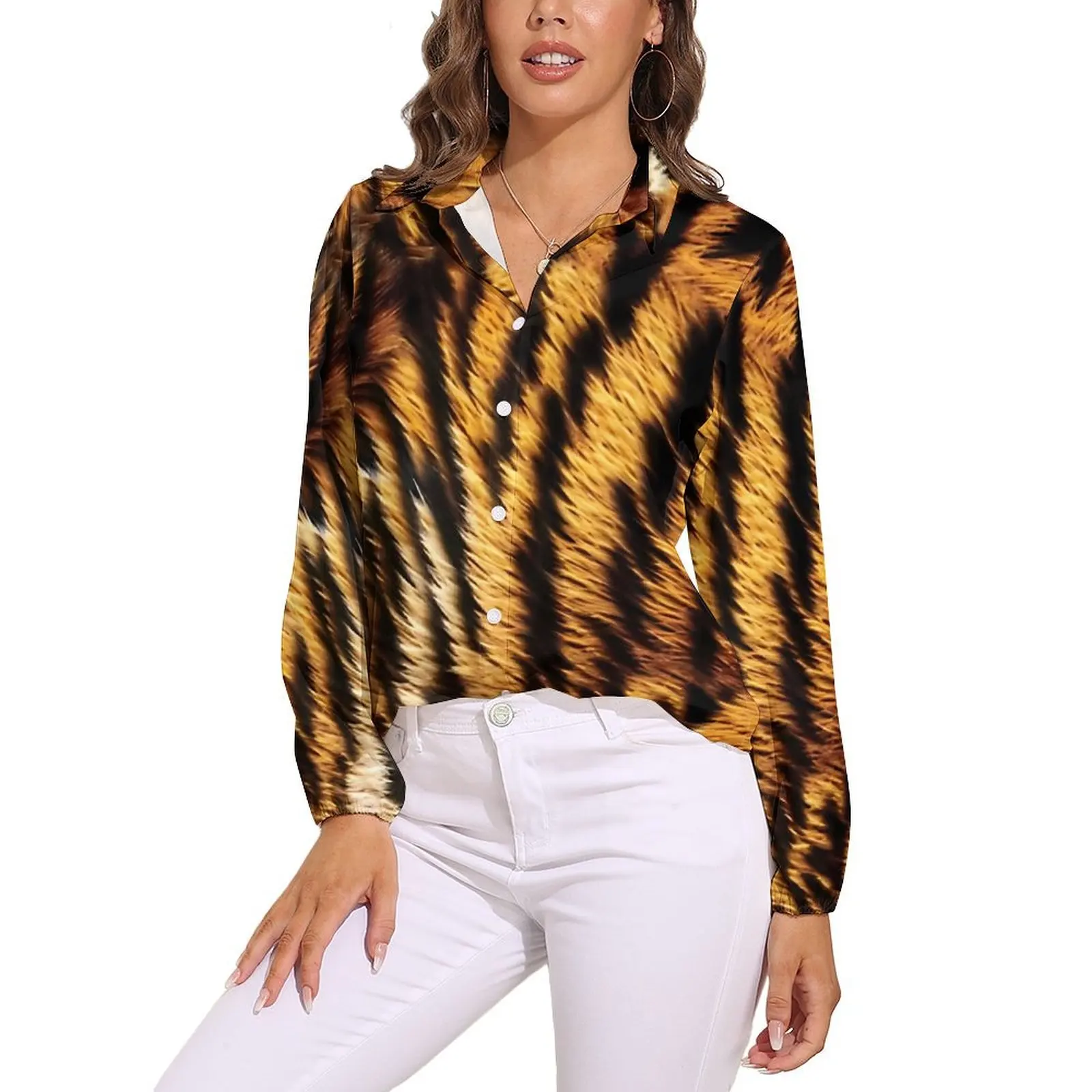 Tiger Skin Texture Blouse Women Animal Print Casual Loose Blouses Long Sleeve Cool Shirt Design Top Big Size