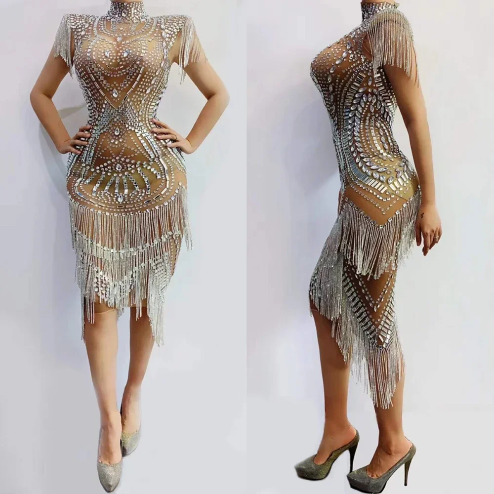 Vestido marrón brillante con borlas y diamantes de imitación para mujer, vestido Sexy con cuello alto, ropa de noche para fiesta y club nocturno, trajes de cantante de baile escenario