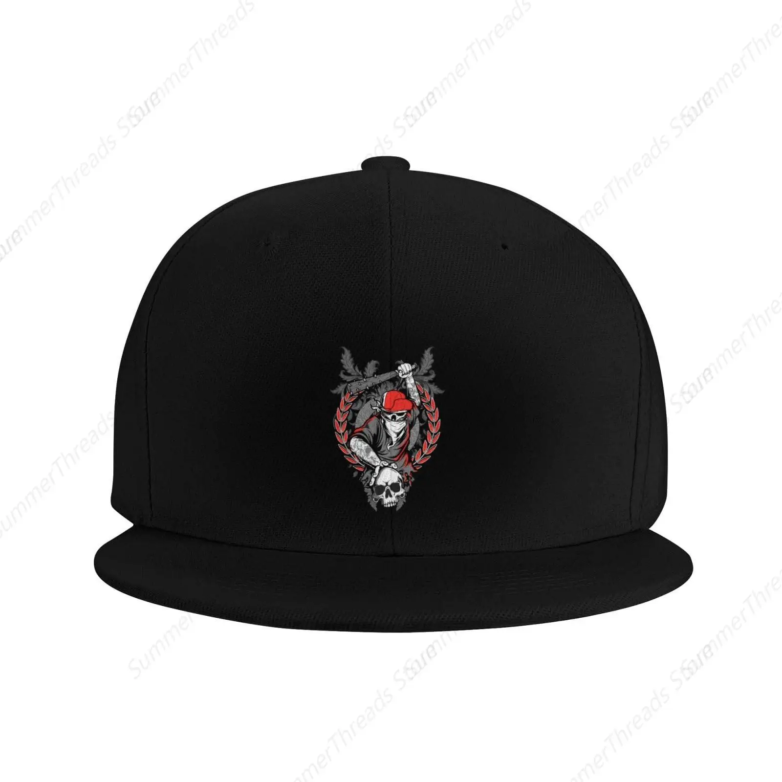 Bandit Skull in Funky Hat and Skeleton Hand Holding Crossed Baseball Bat Snapback Hat Hip Hop Style Flat Brim Hats