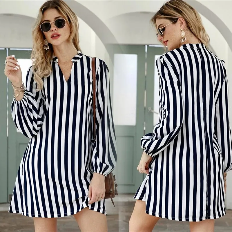 

V-Neck Striped Long Sleeved For Women's Summer Casual Loose Oversized Short Dress