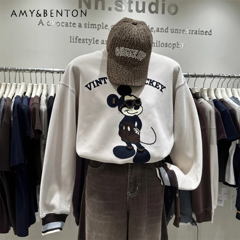 

2025 Autumn Winter New Women's Short Loose Jacket Hoodies Heavy Embroidery Glasses Cartoon Pullover Crew Neck Sweatshirt Coat