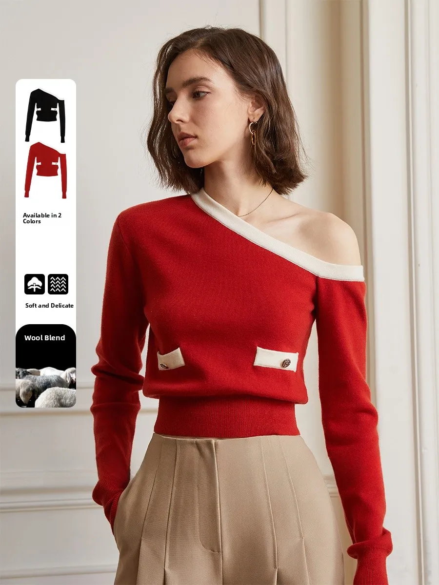 

Cisas Theme One-oulder Waist-Cinching Knitted Sweater by AEL Studio Street Sle Long Sve ort Length Color