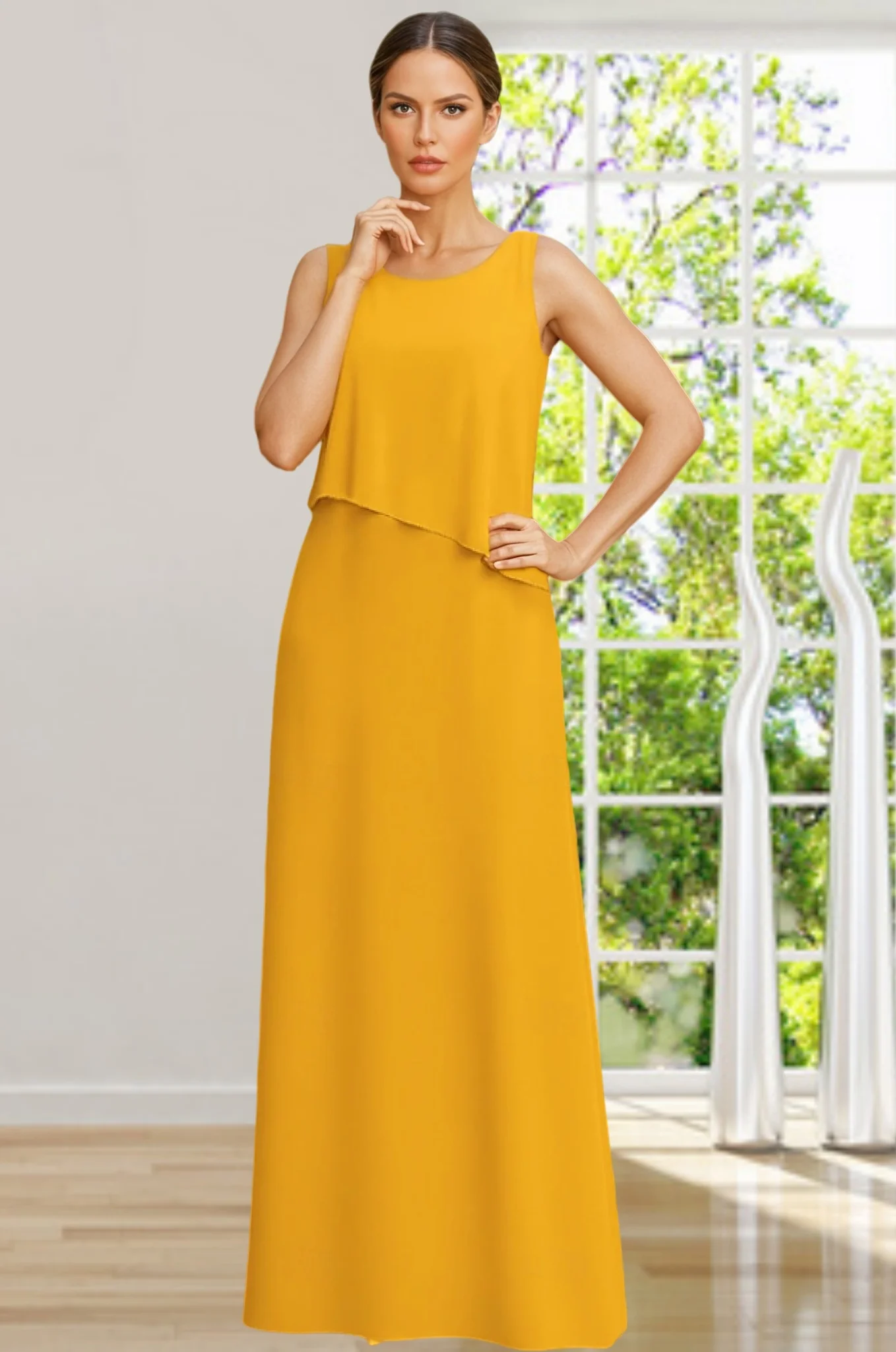 Two Piece Floor Length Sleeveless Crew Neck Elegant Minimalist Formal Wedding Guest Chiffon Mother of the Bride Dress 2026