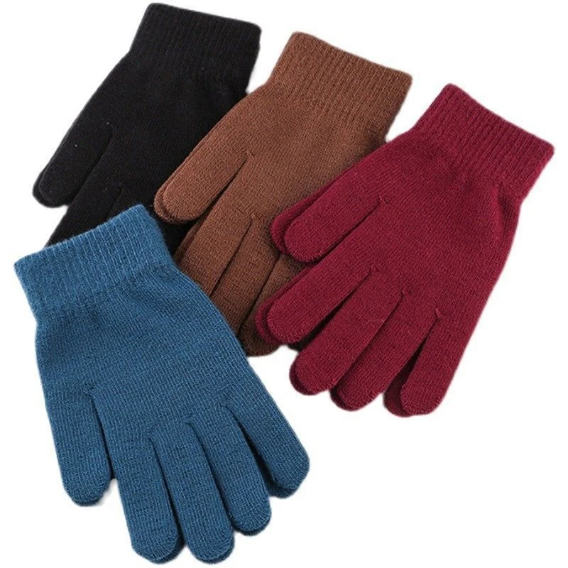 Men Winter Warm Knitted Woolen Outdoor Gloves Elastic Full Finger Gloves Solid Color Warm Thick Cycling Driving Fashion Gloves