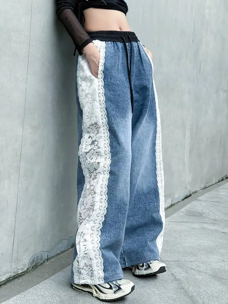 High Waist Blue Denim Side Lace Casual Long Wide Leg Jeans New Women Trousers Fashion Tide Spring Autumn