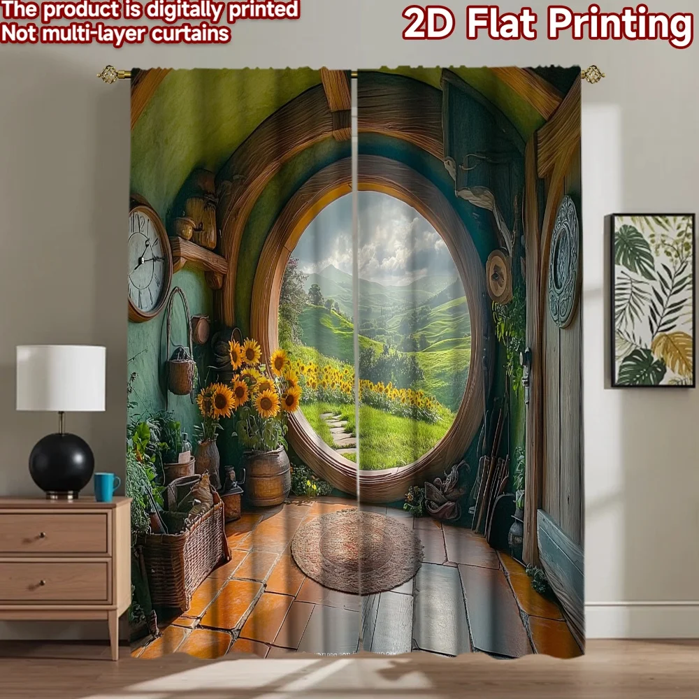 2D flat 2pcs Curtain Home Short Curtains Round Door Sunflower View Digitally printed polyester Holiday Decorations Perfect for
