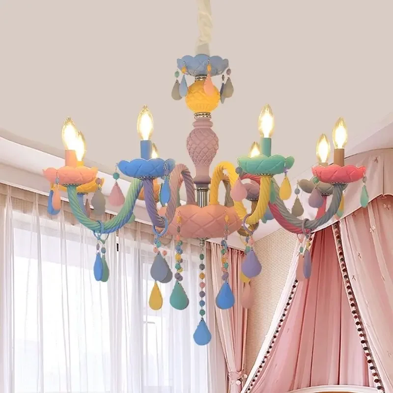 Modern Rainbow Color Candle Crystal Chandelier lustres Children's Bedroom America Girl Princess Makaron Lamps Drop Light Fixture