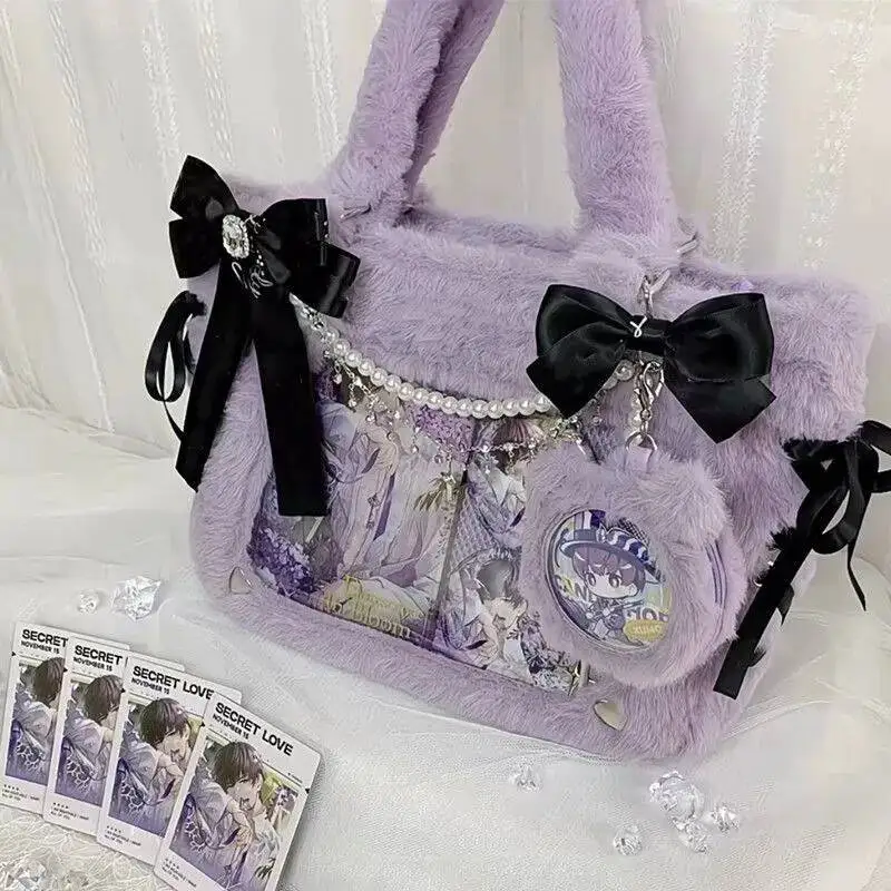 

Bloom Plush Bow Purple Handbag Purse Women Sweet Japanese Transparent Ita Girls Kawaii Shoulder Crossbody Bag Aesthetic