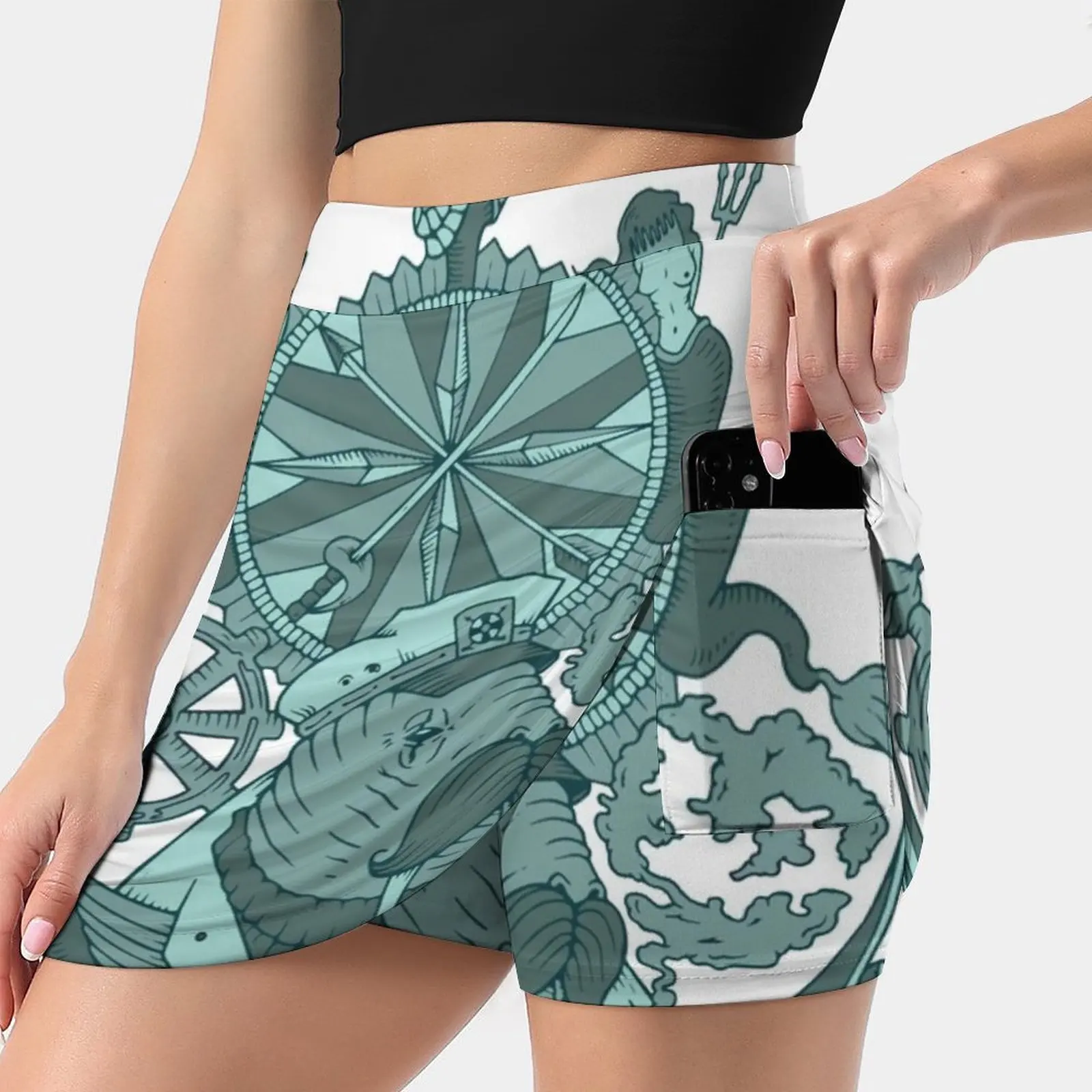 Ruler Of The Sea Women's skirt Mini Skirts A Line Skirt With Hide Pocket Walrus Mermaid Nautical Compass Swords Anchor Tattoo