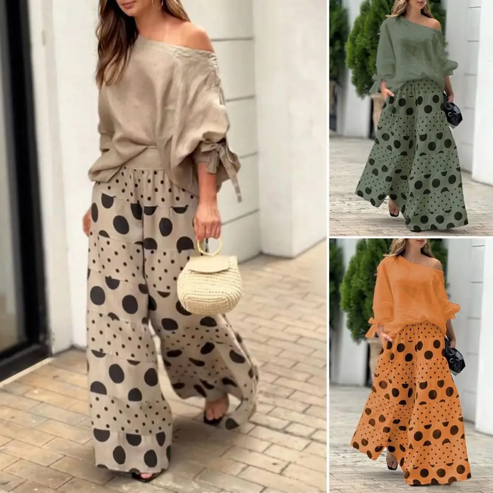 Women Casual Suit Set Women's One Shoulder Bow Cuff Top Wide Leg Trousers Set for Casual Dating Outfit Slant Neck Long Sleeve