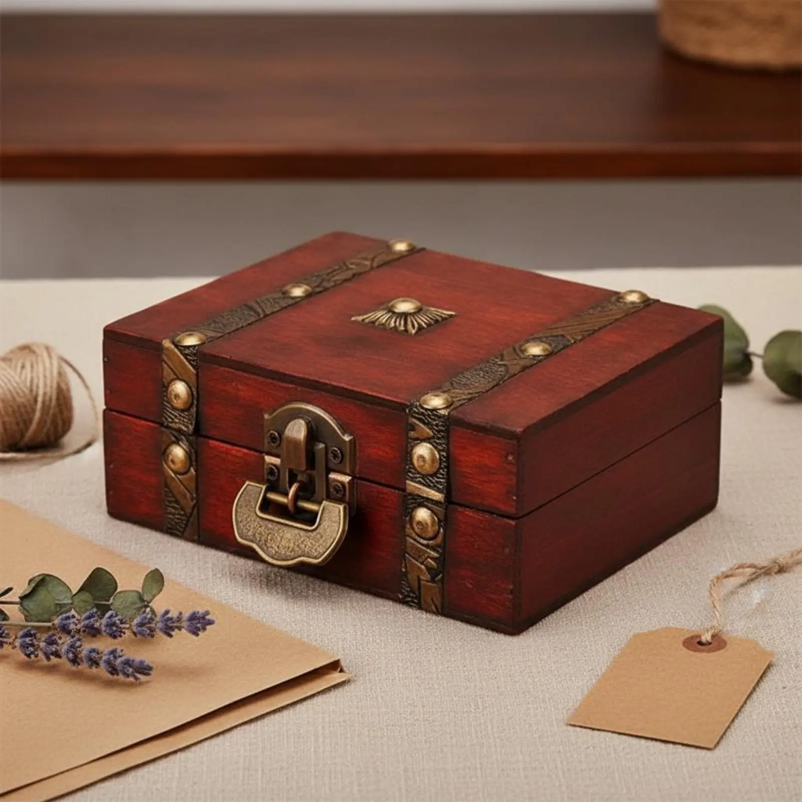 Vintage Wooden Box Decorative Distressed Wood Storage Case Antique Design Treasure Chest Multipurpose Small Trinket Box view 5