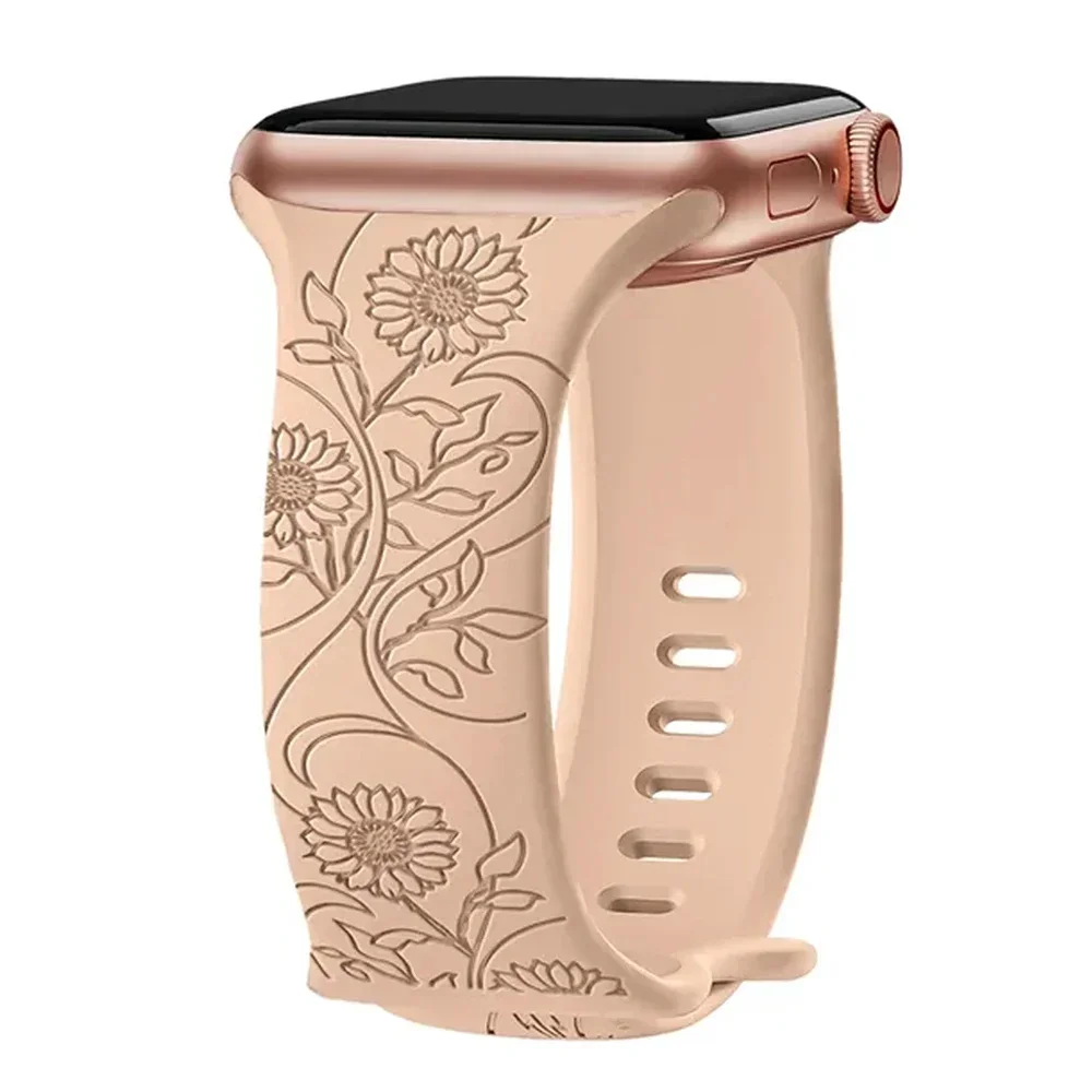 Floral Engraved Strap For Apple Watch Band 40mm 44mm 41mm 49mm 45mm 38mm 42mm silicone bracelet iwatch series 9 7 se 6 8 ultra 2 image 2