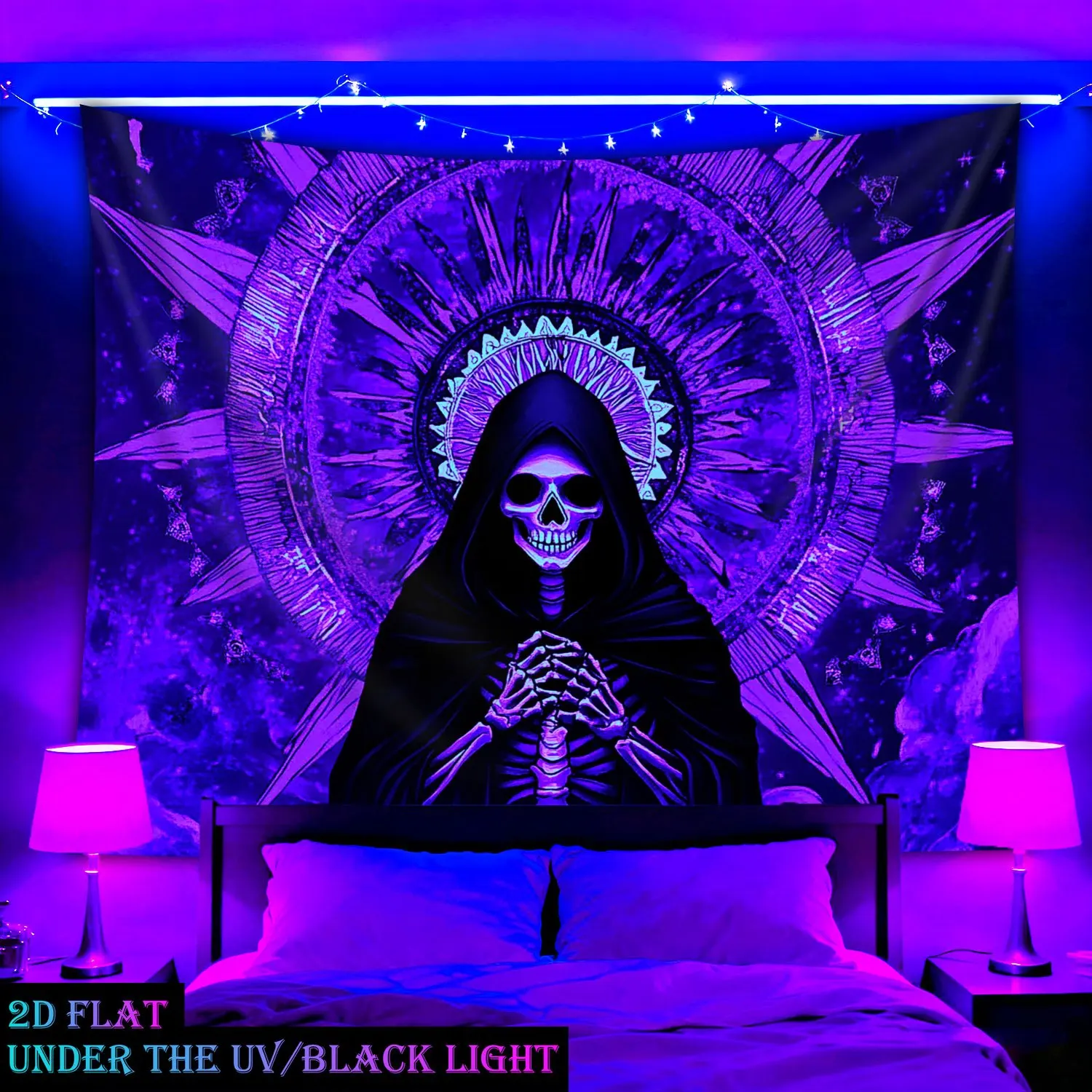 VIKAMA Black Robe Skeleton Hanging Cloth Mandala Tapestry Dark Gothic Dormitory Bedhead Cloth Party Decoration
