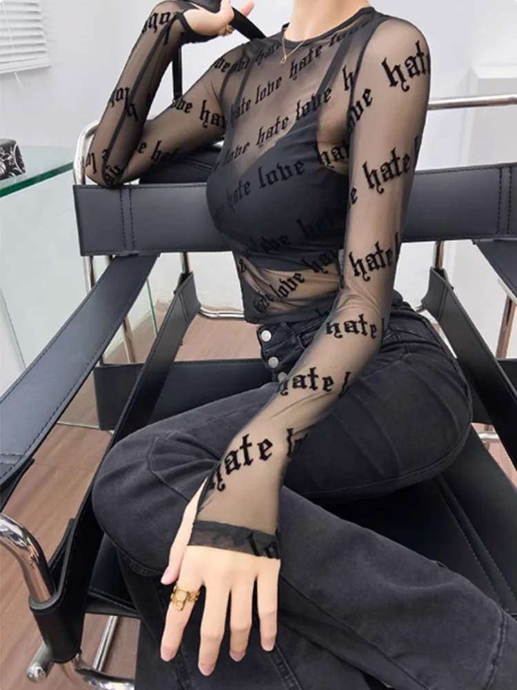 Women's Sexy Mesh Long Sleeved Shirt Letter Personality Print Perspective Design for Fashionable Outfits