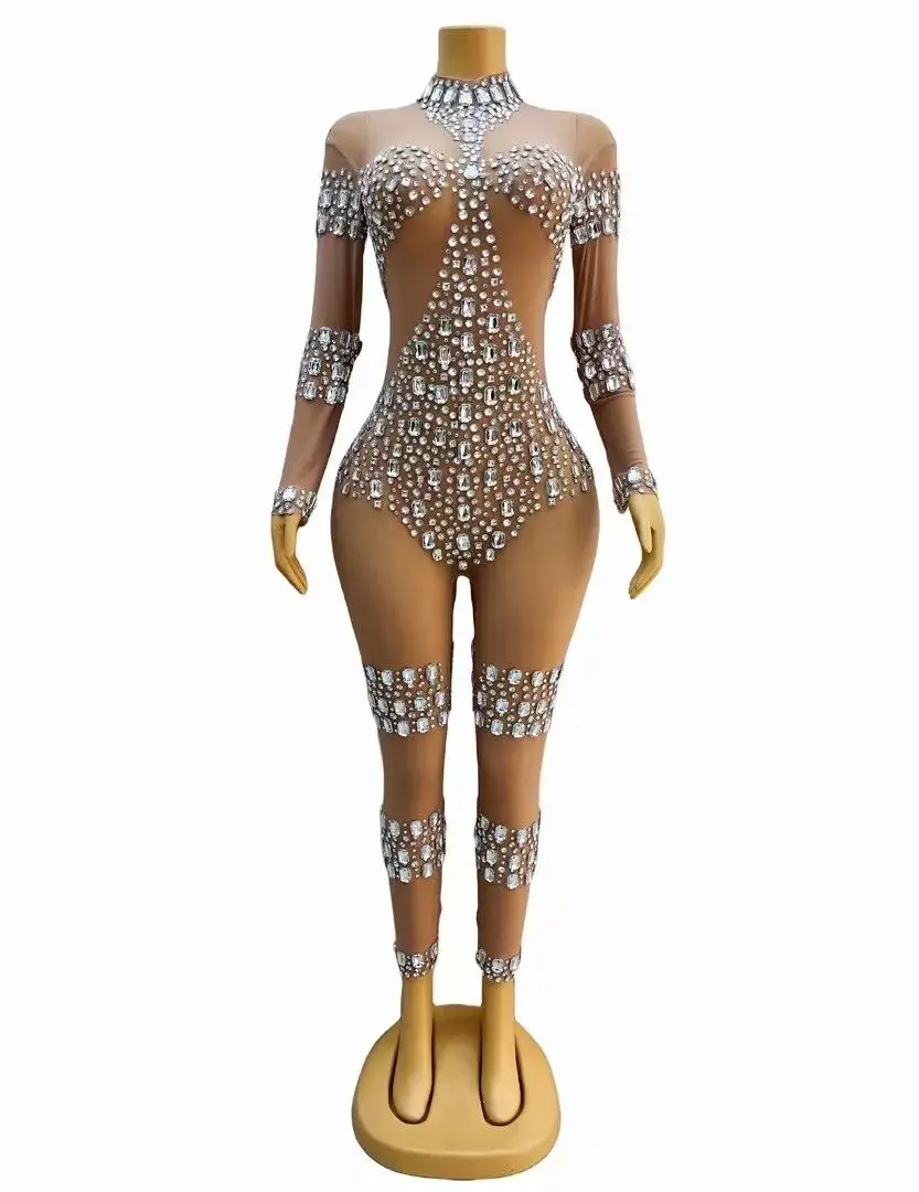 

Silver Big Rhinestones Transparent Sexy Jumpsuit Dance Performance Leggings Bodysuit Evening Birthday Celebrate Costume dunpai