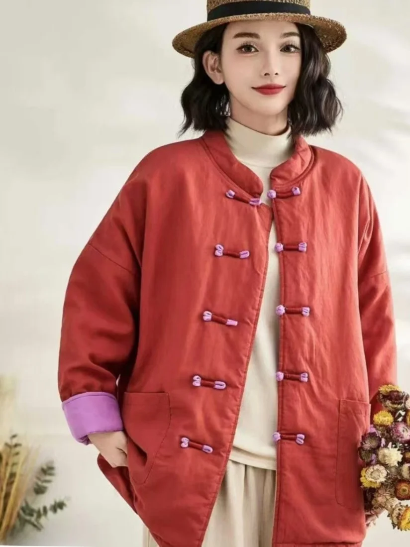 

Женское хлопковое джинто Thiened с воротником-стойкой на пуговицах, теплое пальто в китайском стиле в стиле ретро, длинное пальто, однотонная зимняя верхняя одежда