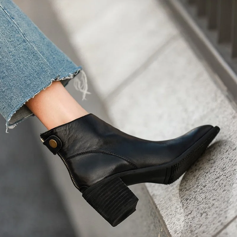 عودة البريدي حذاء من الجلد النساء النمط الأوروبي النساء أحذية الشتاء الخريف الربيع موجزة جلد البقر سميكة عالية الكعب أحذية السيدات الكلاسيكية #2