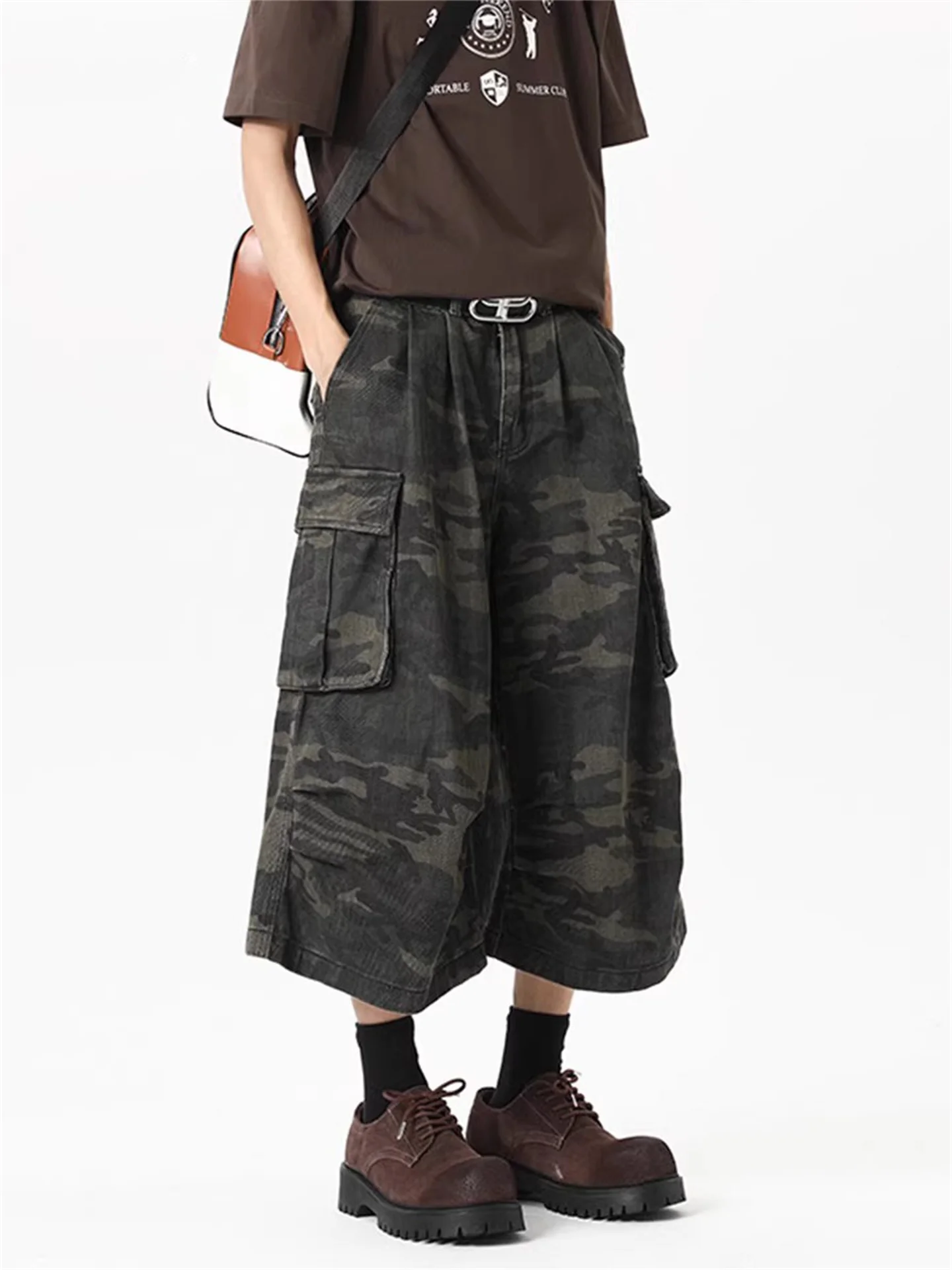 

American High Street Camouflage Workwear Jeans Shorts Men Summer Loose Wide Leg Street Style Casual Seven-Five Pants