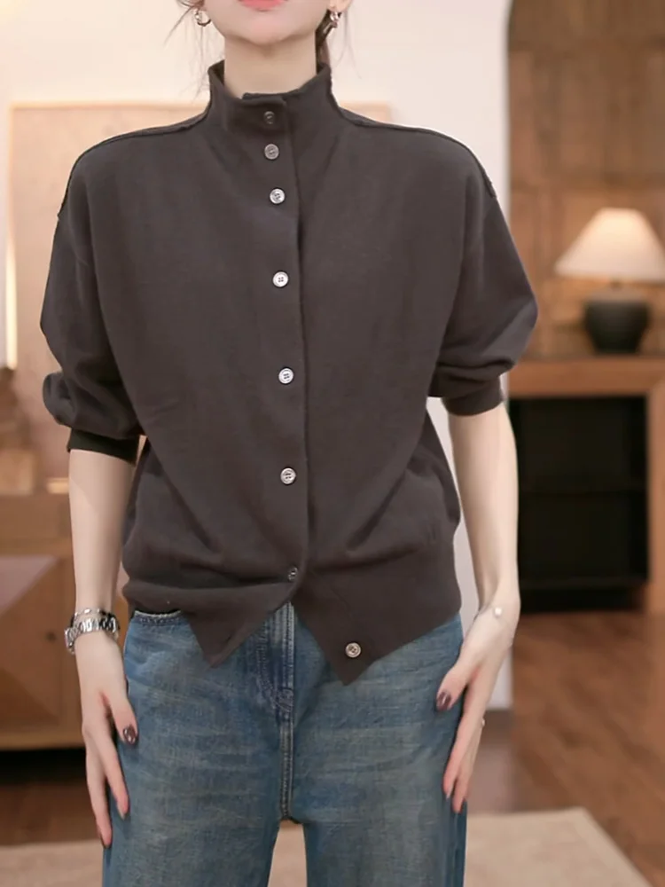 

Корейский коричневый кардиган с воротником-стойкой, вязаный свитер с длинными рукавами, модный, больших размеров, осенняя новинка, женский топ